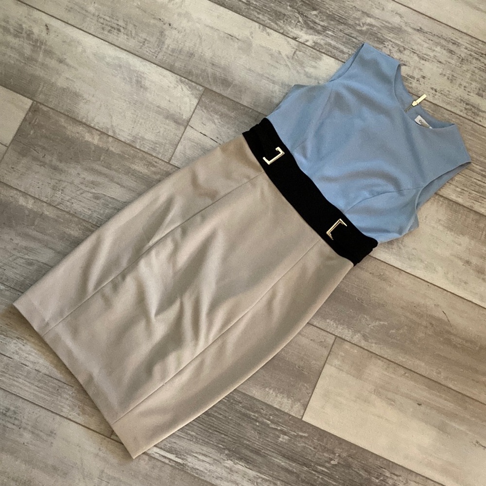 Calvin Klein Blue, Tan and Black Dress with Gold Zipper - Like New!